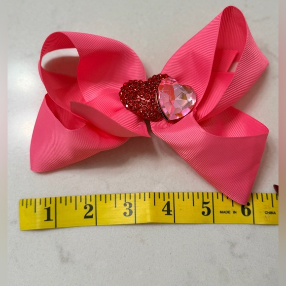 Large Girls Pink Valentine Heart Bow w Double Heart Crystal Brooch Center. NEW - Picture 10 of 10